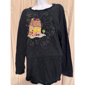 Quacker Factory XL Black Sweater Embellished Gingerbread House